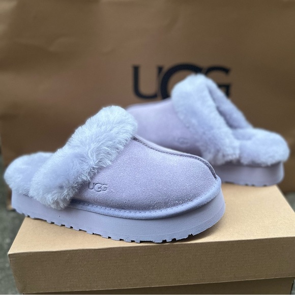 UGG Disquette Platform Sheepskin Suede Fur Lilac Lavender Slip On Shoe Sz 8 NEW - Picture 3 of 16